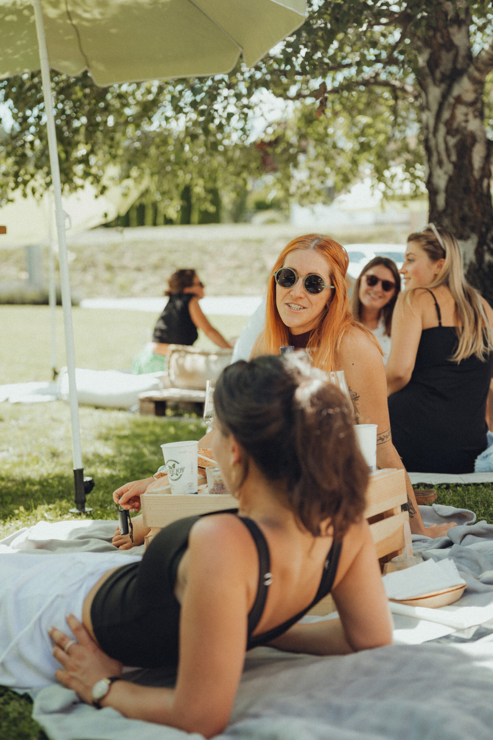 2 Frauen die sich bei einem Picknick unterhalten und Spaß haben