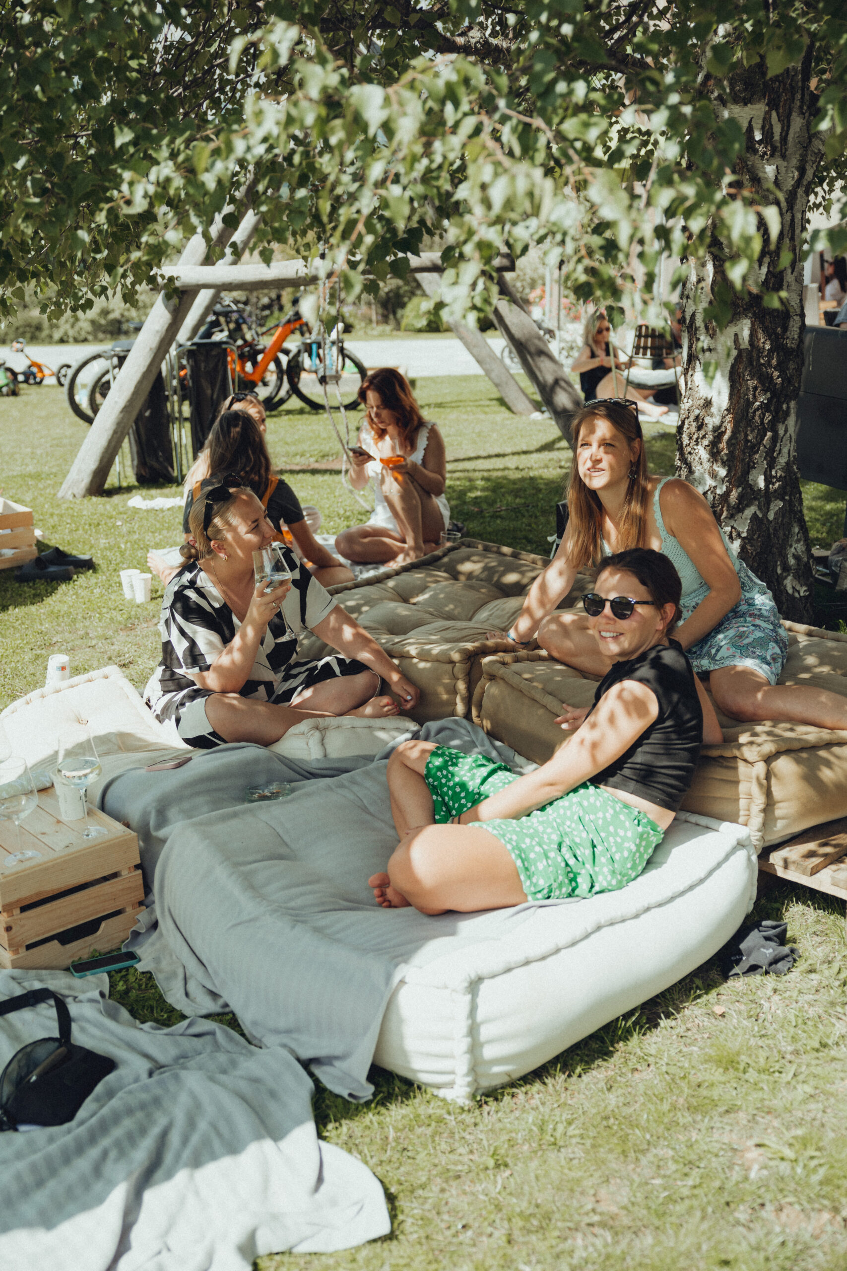 Frauen unter einen Baum bei einem Picknick